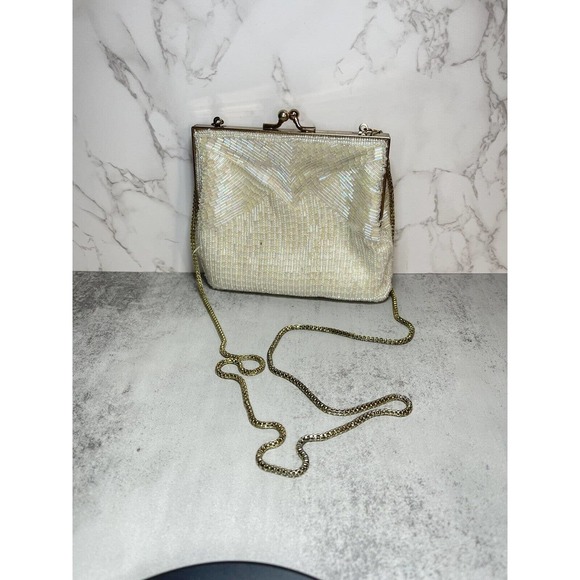 Vintage Small Size White Pearl Shimmer on White Micro Bead Chain Purse 6" x 5" - Picture 1 of 10